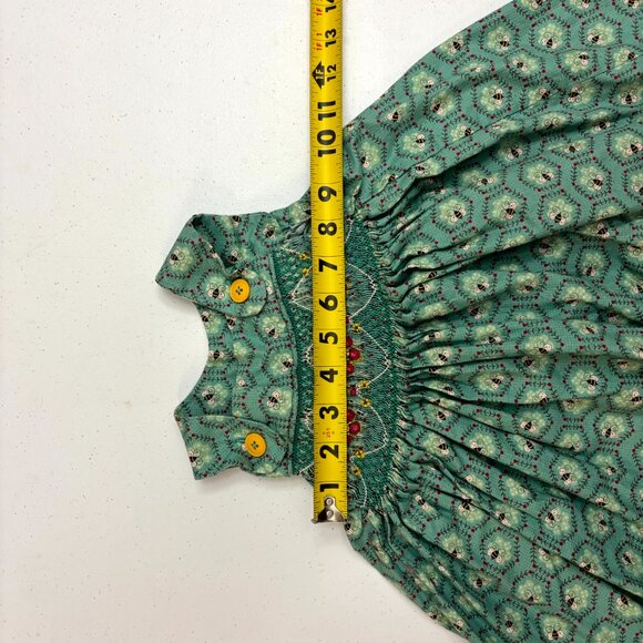 Vintage Handmade Smocked Baby Dress | Green Floral Print with Embroidered Detail - Picture 4 of 6